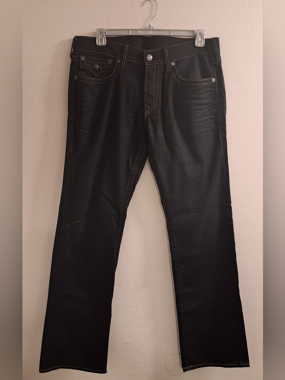 TRUE RELIGION RICKY Mens Flap Pockets Straight Black Denim Jeans 36x32